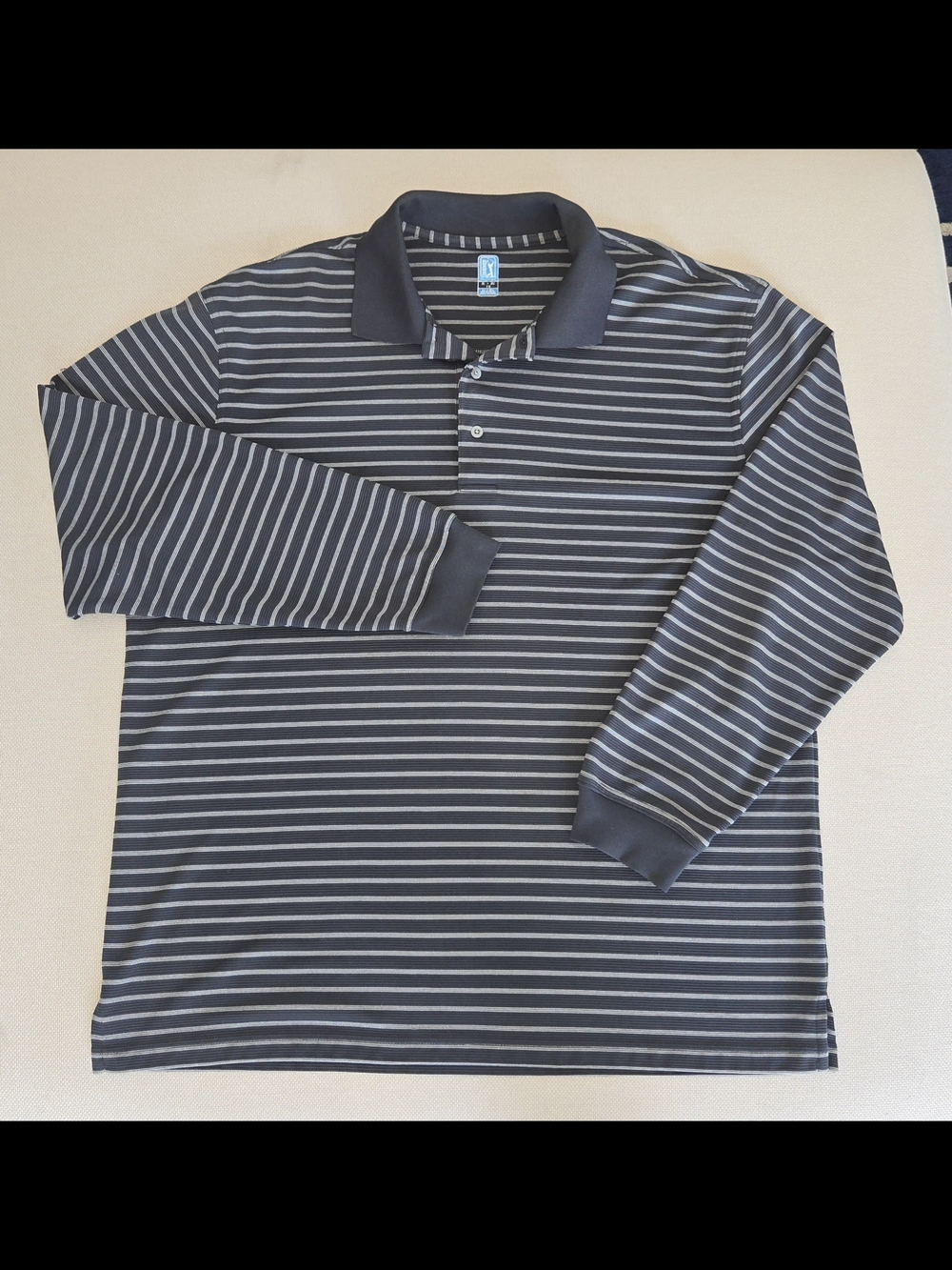 PGA Tour X-Large Long Sleeve Polo Golf Shirt XL Black Grey Stripes